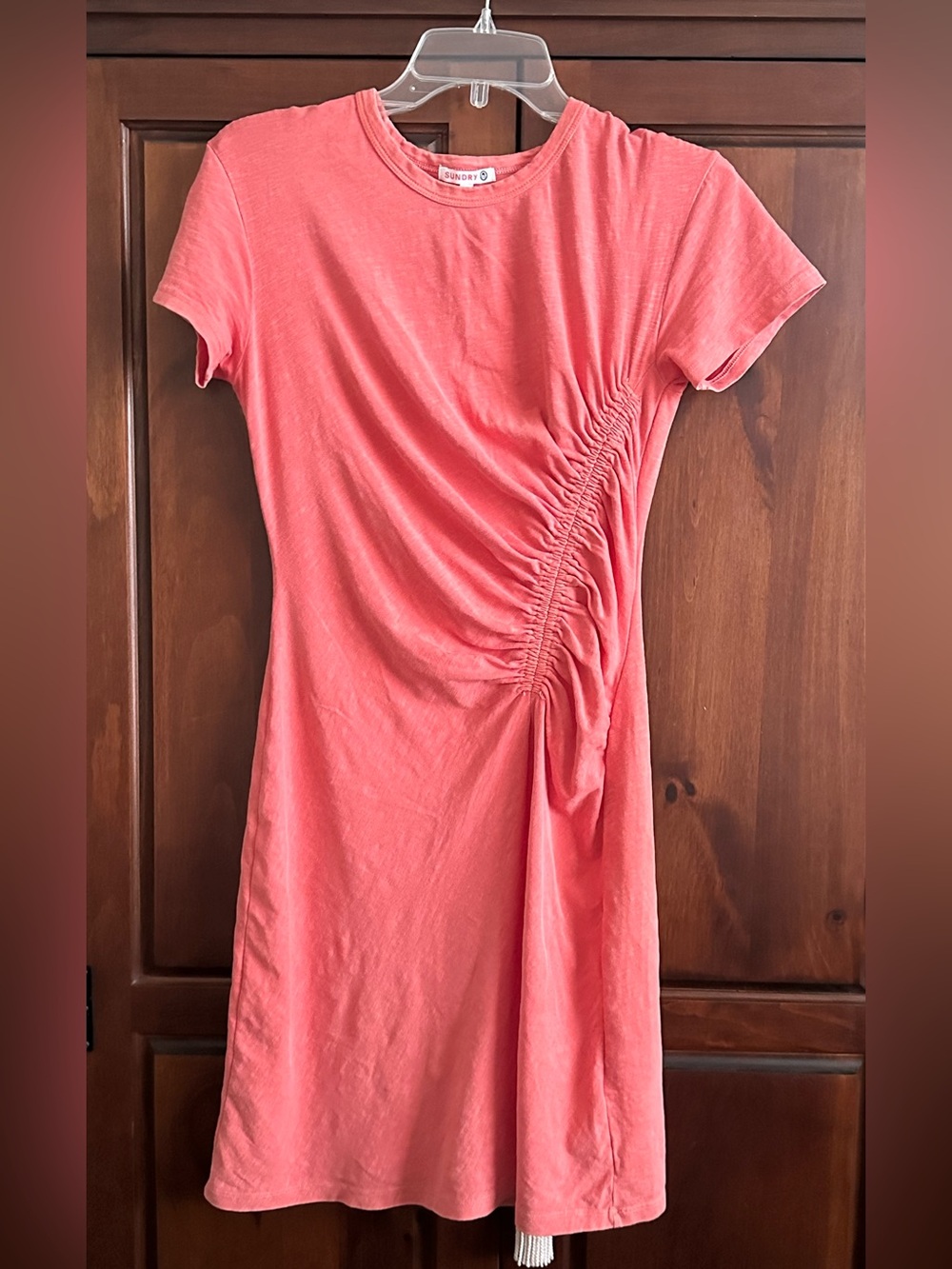 Sundry Coral Ruched Midi Dress